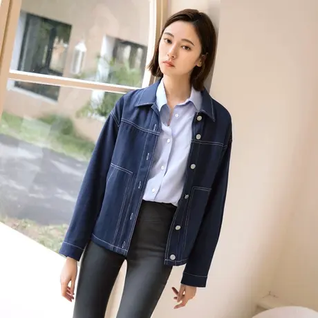 桔熊春秋季简约休闲翻领单排扣口袋宽松长袖工装外套女大码EA3437商品大图