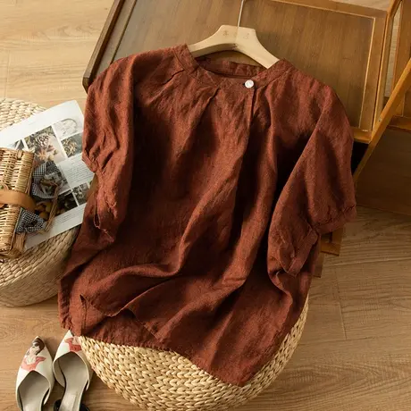 享永子短袖亚麻T恤女文艺复古宽松显瘦百搭棉麻上衣2023夏季新款图片