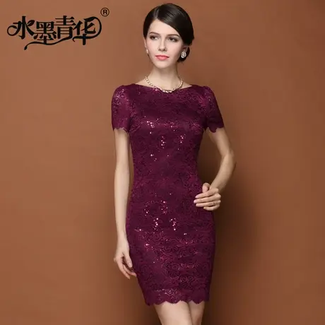 水墨青华夏装新品时尚优雅气质修身蕾丝亮片连衣裙商品大图