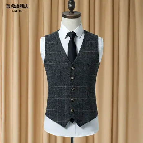 新款时尚韩版修身潮流西装马甲男英伦风休闲格子马夹男士背心坎肩商品大图