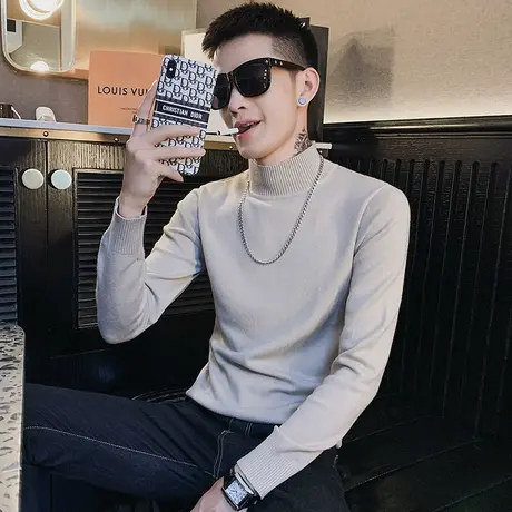 冬季男毛衣针织衫打底衫修身线衣套头潮流半高领纯色百搭帅气商品大图