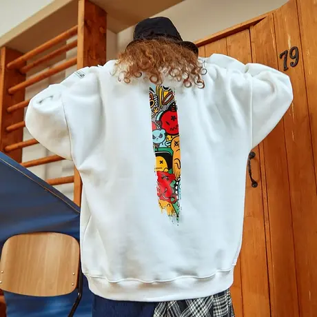 欧美潮牌oversize卡通圆领卫衣男国潮加绒日系原宿风春季情侣上衣商品大图