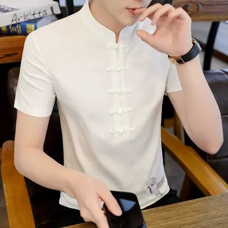 短袖t恤衫男士夏季中国风民族风休闲盘扣复古男装v领国潮刺绣汉服商品大图