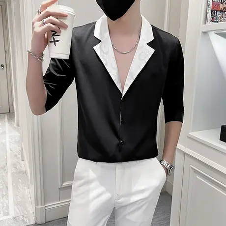 衬衫男春夏季七分袖潮牌古巴领短袖寸衣ins个性痞帅韩版中袖衬衣商品大图