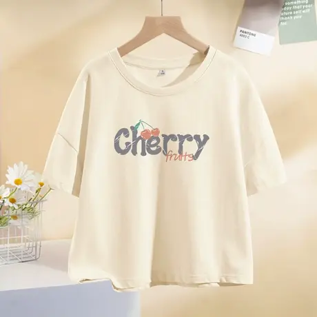 VR真维斯短款短袖t恤女夏季2023新款米白色纯棉宽松正肩显瘦上衣V商品大图