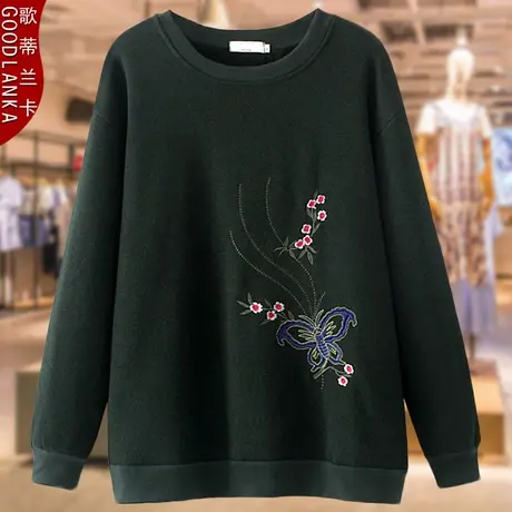 加肥加大码女中老年女士加绒卫衣时尚40-50岁胖妈妈秋冬刺绣上衣图片