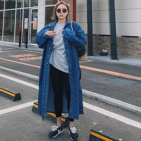 过膝牛仔风衣女春秋新款韩版流行时尚大衣大码宽松学生外套中长款商品大图