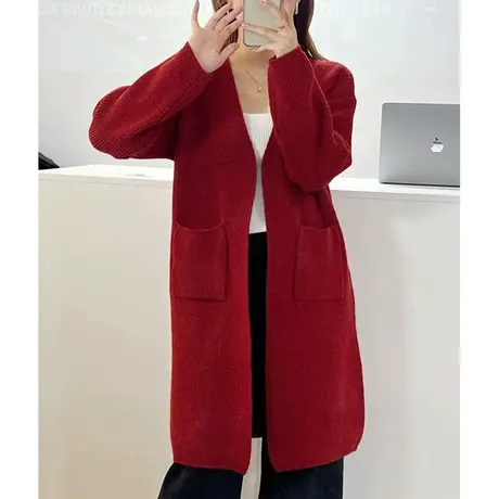 中长款针织开衫女秋冬季2023年新款宽松慵懒风口袋长袖针织外套潮商品大图