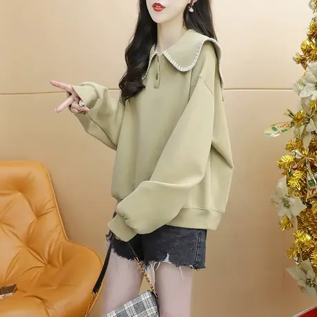 加绒加厚娃娃领卫衣外套女2023新款秋冬洋气减龄宽松百搭短款上衣图片