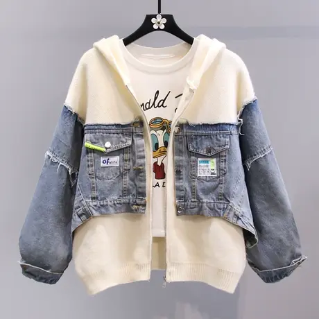 牛仔拼接连帽毛衣外套女秋冬2023新款宽松慵懒风设计感针织开衫图片