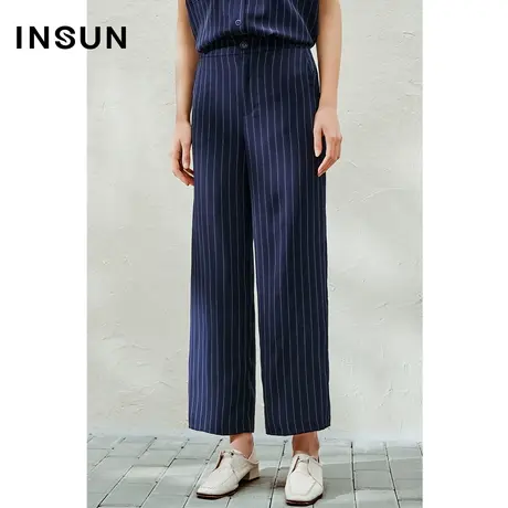INSUN恩裳线上专选夏季冰丝直筒裤竖条纹休闲裤商品大图