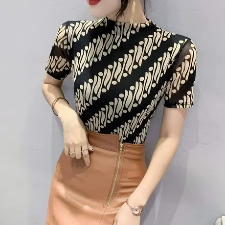时尚印花网纱上衣女个性气质半高领短袖打底衫欧货漂亮修身T恤ins商品大图