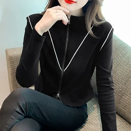 高腰短款外套女春秋2024新款时尚拉链开衫卫衣休闲显瘦气质上衣女商品大图