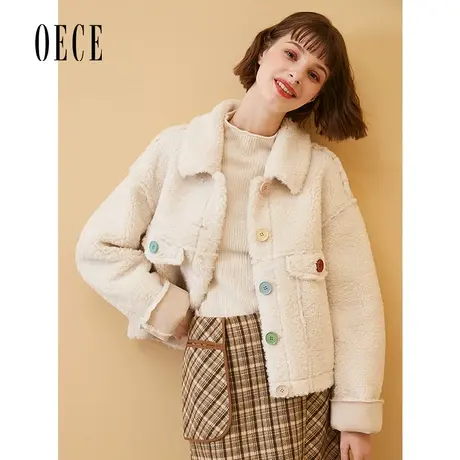 Oece冬新款女冬流行彩扣复古学院风羊羔毛毛绒短外套商品大图