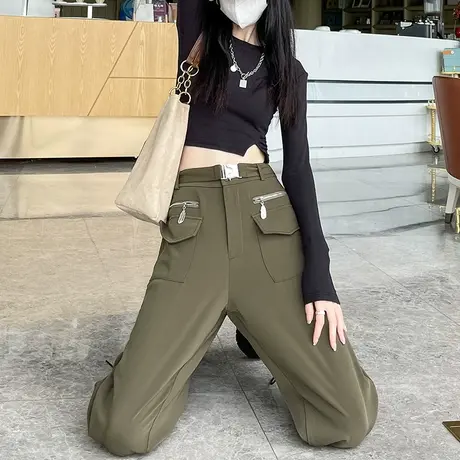 军绿色工装裤女高腰显瘦束脚宽松大码裤子春秋季休闲运动裤辣妹潮商品大图