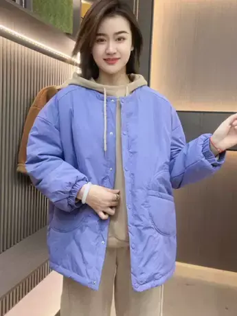 欧货大口袋圆领棉衣外套女秋冬新款休闲百搭宽松韩系轻薄棉服上衣图片