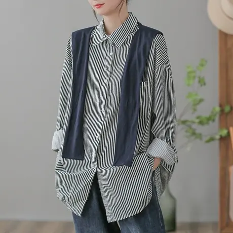 dza 复古竖条纹polo领长袖衬衣女士春秋外穿衬衫披肩宽松休闲上衣图片