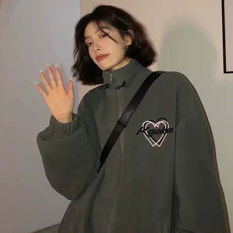 摇粒绒卫衣女2022秋冬宽松韩版bf慵懒风小个子加绒加厚外套潮ins商品大图