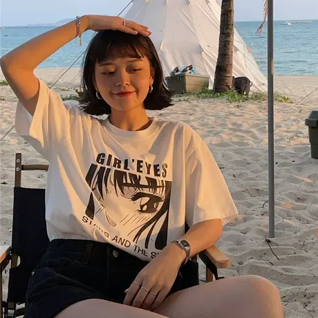原创~二次元盐系少女2023新款夏装韩版港风ins宽松纯棉短袖T恤女商品大图