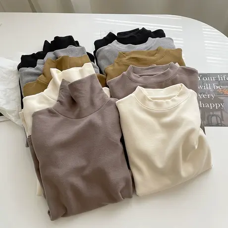 舒适暖绒高领长袖打底衫！秋冬保暖澳绒弹力修身中圆领打底内衣女商品大图