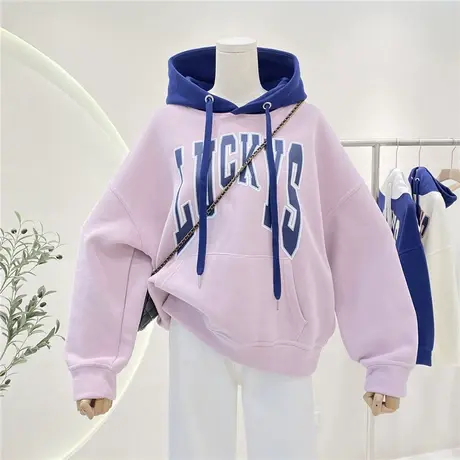 春秋新款2023年复古设计感小众拼接字母宽松显瘦连帽卫衣女外套商品大图