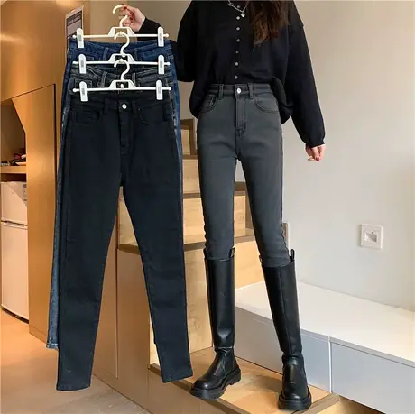 秋冬加绒加厚薄款高腰显瘦修身蓝色减龄小脚裤牛仔裤铅笔裤女裤子商品大图