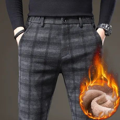 秋冬季格子格纹西裤男士休闲裤加绒加厚保暖外穿棉裤西装裤子商品大图