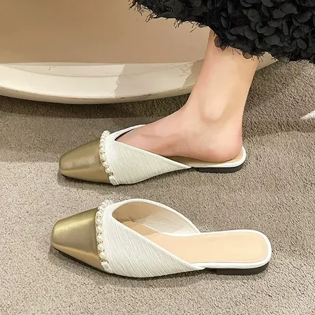 小香风法式平底包头凉拖鞋2023新款夏季气质仙女珍珠平跟半托鞋子图片