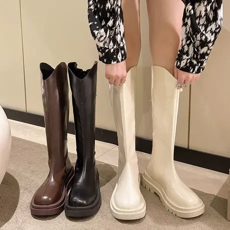 白色厚底小个子长筒长靴女鞋2024年新款中筒高筒骑士春秋季单靴子图片