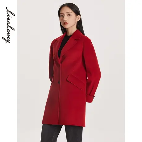 朗姿秋冬商场同款红色西装毛呢外套正装呢子短大衣女女奥莱图片