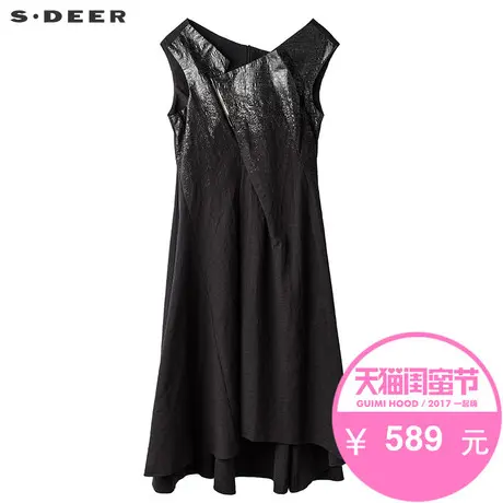 s.deer【商场同款】圣迪奥酷感光泽漆印不对称V领连衣裙S17281262图片
