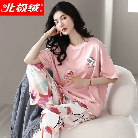 北极绒睡衣女夏季莫代尔薄款短袖长裤2022年新款可外穿家居服套装图片