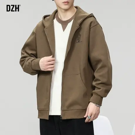 男士开衫卫衣外套男冬款潮高级感连帽男装2024新款咖啡色刺绣上衣商品大图