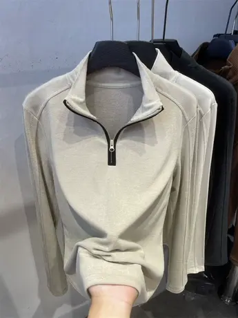 半高领拉链拼接撞色磨毛长袖T恤女2024秋冬新款时尚打底衫上衣潮商品大图