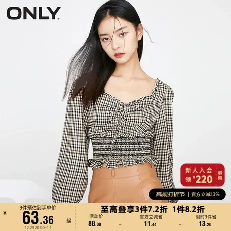 ONLY奥莱夏季泡泡袖格子收腰显瘦系带方领衬衫女商品大图
