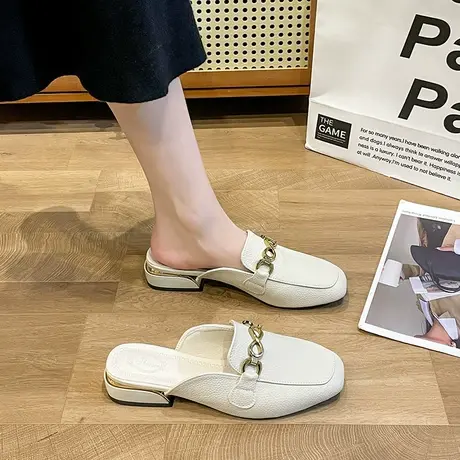 包头半拖鞋女款新款2023搭扣小众设计感粗跟防滑配裙子气质勃肯鞋商品大图