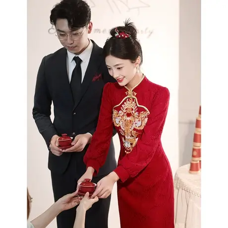 红色旗袍敬酒服2023新款新娘长袖蕾丝订婚礼服女刺绣秀禾服嫁衣商品大图