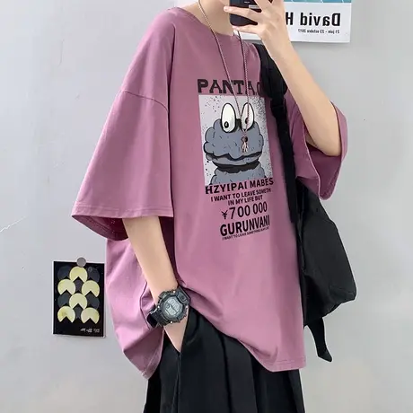 vintage美式休闲卡通印花纯棉短袖T恤男ins潮牌夏季宽松情侣半袖t商品大图