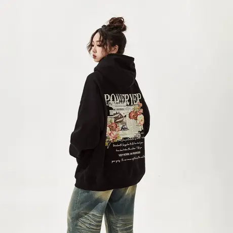 YEP复古黑色连帽卫衣女春秋2024年新款印花潮牌宽松oversize外套商品大图