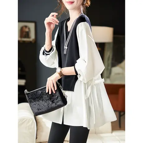 宝诗黎蝙蝠袖针织拼接宽松衬衫2024春季设计感系带收腰休闲上衣女图片