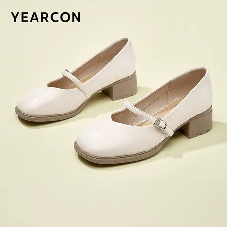 意尔康女鞋春秋季女士粗跟方头单鞋浅口休闲法式玛丽珍皮鞋配裙子商品大图