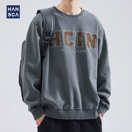 hansca圆领卫衣男冬季加绒加厚青少年美式重磅休闲保暖宽松长袖男商品大图