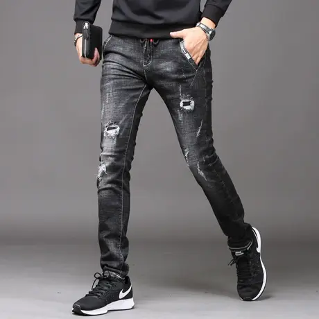 2023新款男士破洞牛仔裤男秋款男款休闲弹力修身小脚裤子高端潮牌商品大图