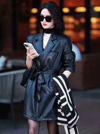 2024新款皮衣外套中长款春秋季时尚皮夹克收腰上档次皮上衣女潮款商品大图