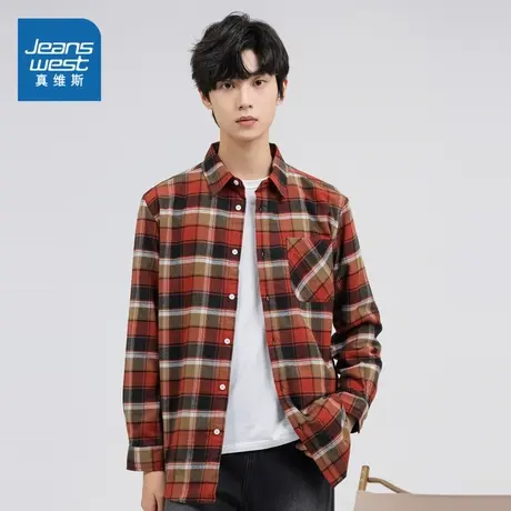 JW真维斯男装2023冬季新款男式本命年龙年衣服格子长袖加绒衬衫男商品大图