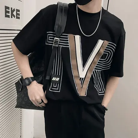 潮牌拼色印花字母短袖T恤夏季重磅潮流个性休闲男款半袖体恤上衣商品大图