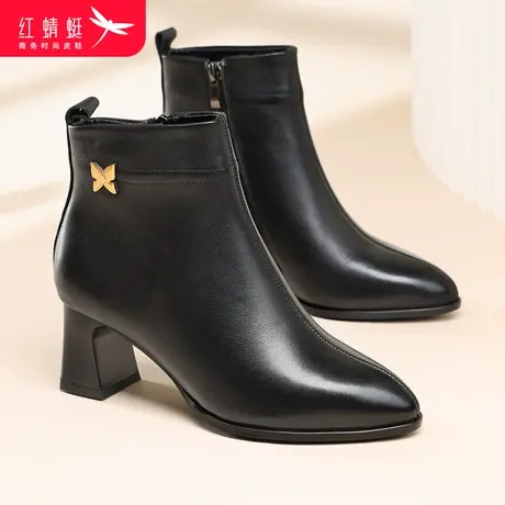 红蜻蜓女靴2023冬季英伦尖头高跟时装靴加绒保暖女士粗跟百搭短靴商品大图