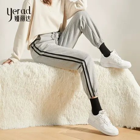 娅丽达女裤侧边条灰色运动裤女2023秋冬新款加绒裤子宽松休闲卫裤图片