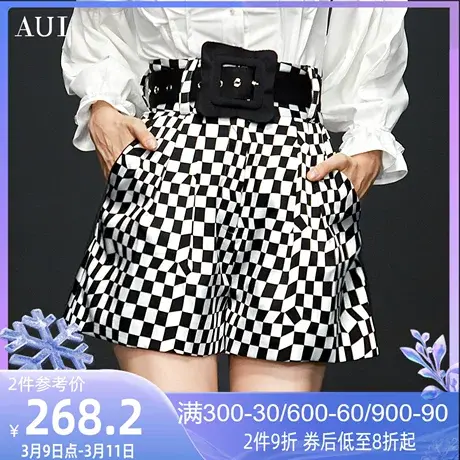 AUI格子设计感小众阔腿短裤女2023夏季新款宽松休闲洋气炸街裤子商品大图
