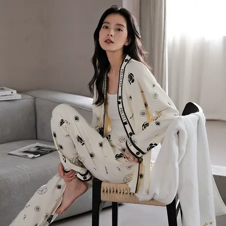 婷美睡衣女士春秋季2023年新款纯棉长袖开衫休闲外出春秋天家居服图片